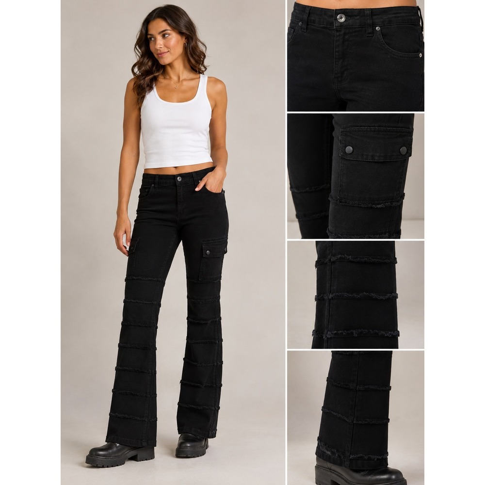 Southpole Y2K Cargo Flare Jeans Women's 30x31 Black Frayed Trim Festival